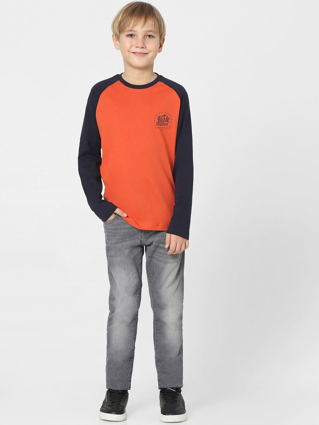 Boys Red Colourblocked Full Sleeves T-shirt