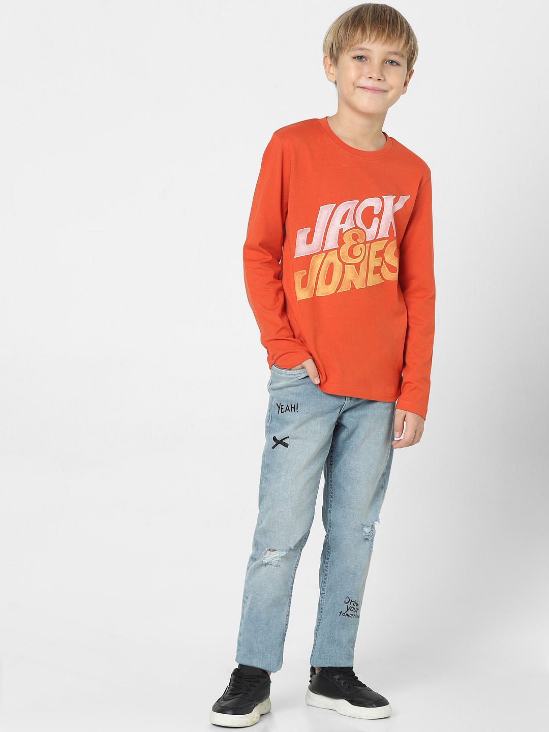 Boys Red Logo Print Full Sleeves T-shirt