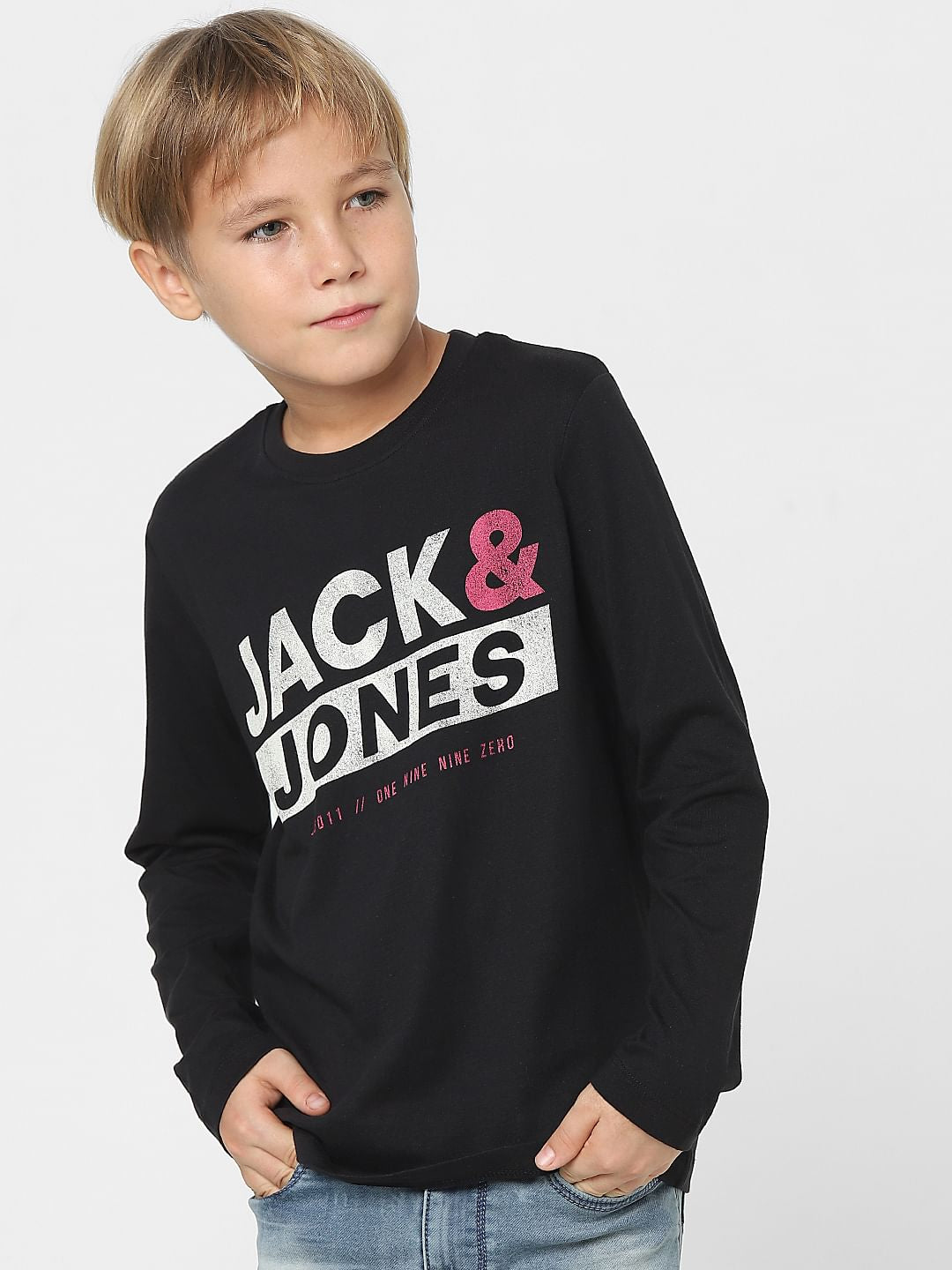 Boys Black Logo Print Full Sleeves T-shirt