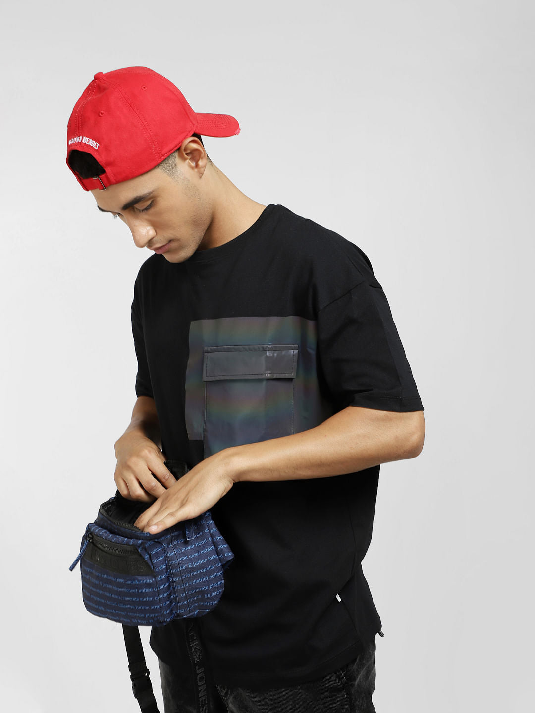 Black Oversized Pocket Crew Neck T-shirt - S