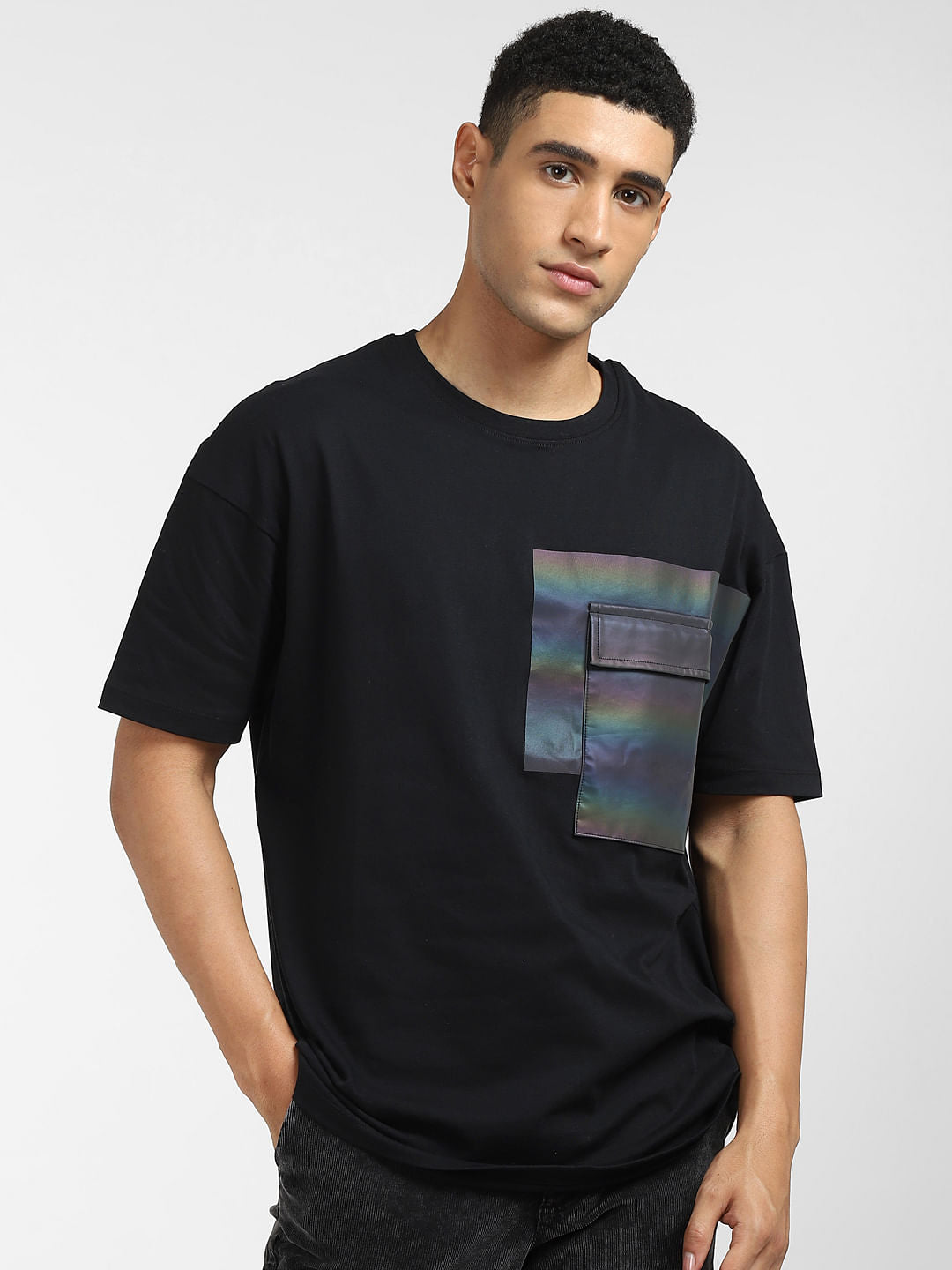 Black Oversized Pocket Crew Neck T-shirt