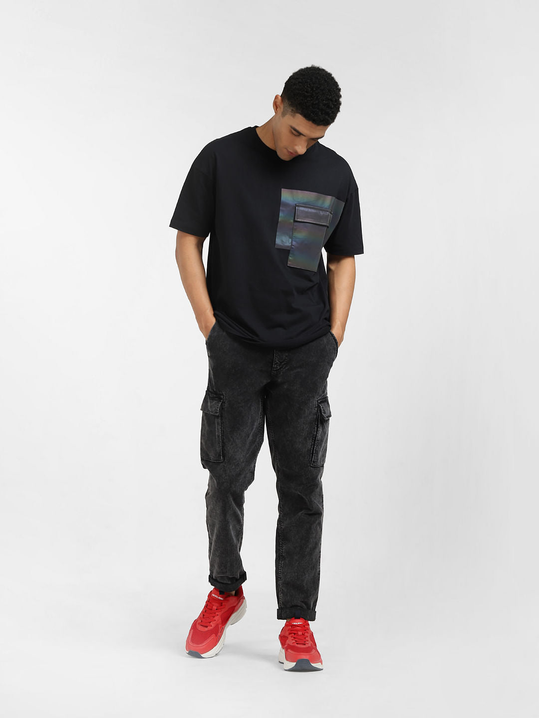 Black Oversized Pocket Crew Neck T-shirt