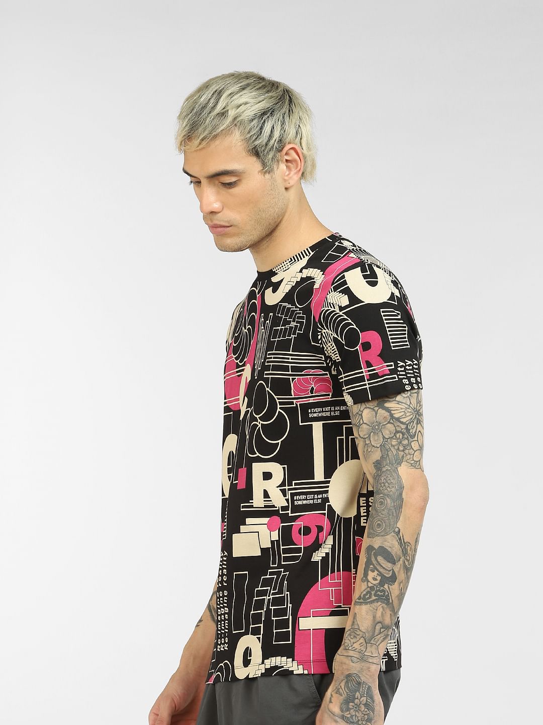 Black Abstract Print Crew Neck T-shirt