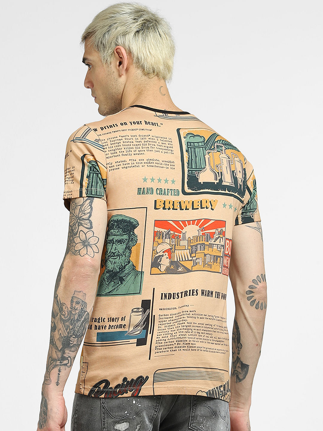 Beige Comic Graphic Print Crew Neck T-shirt