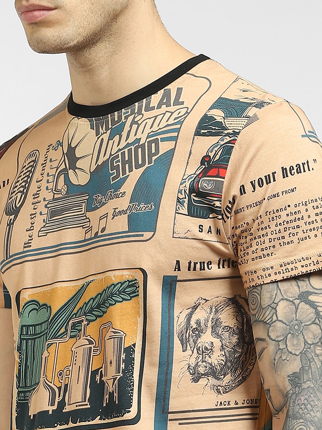 Beige Comic Graphic Print Crew Neck T-shirt