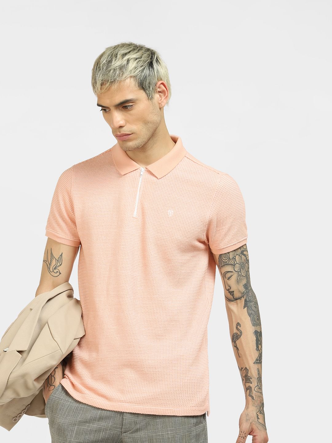 Peach Textured Knit Polo Neck T-shirt