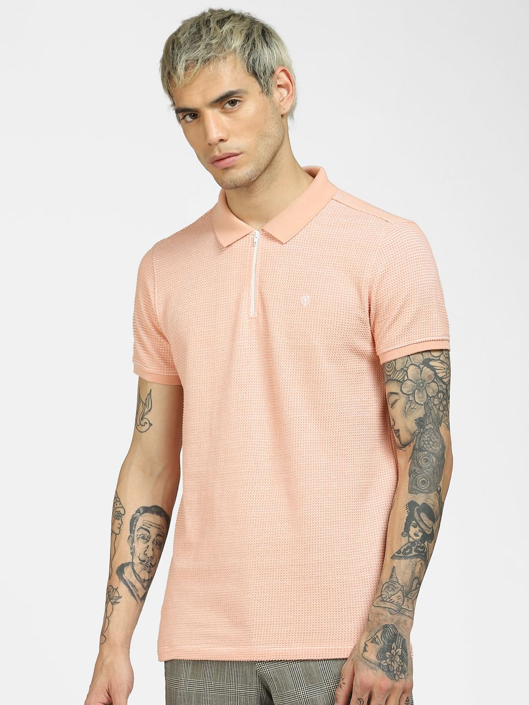 Peach Textured Knit Polo Neck T-shirt