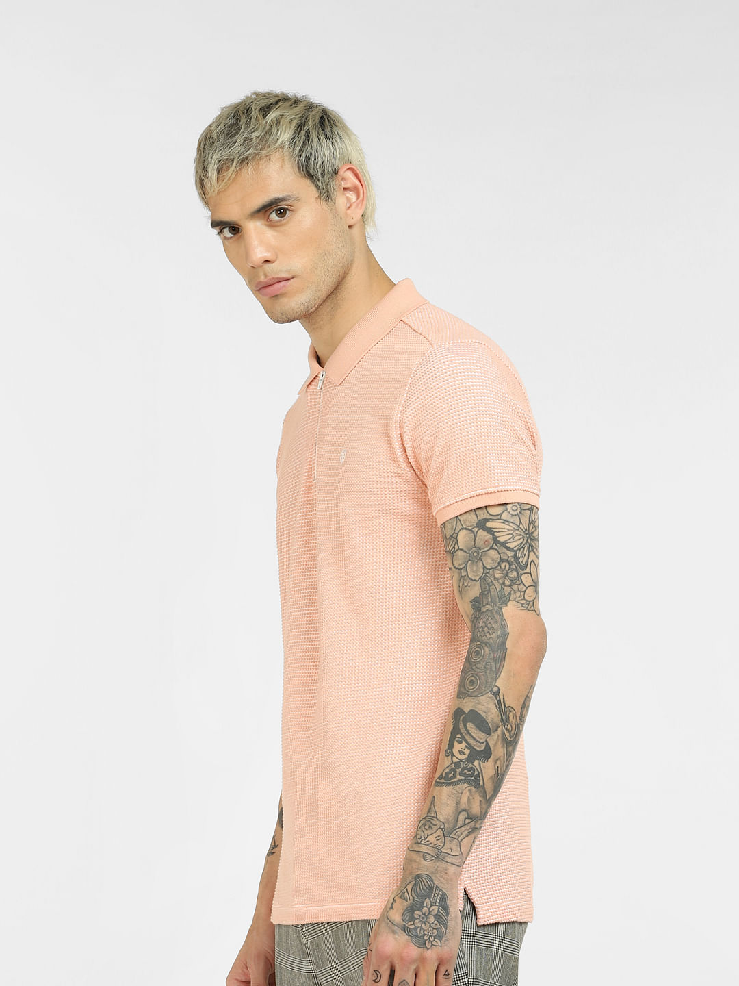 Peach Textured Knit Polo Neck T-shirt