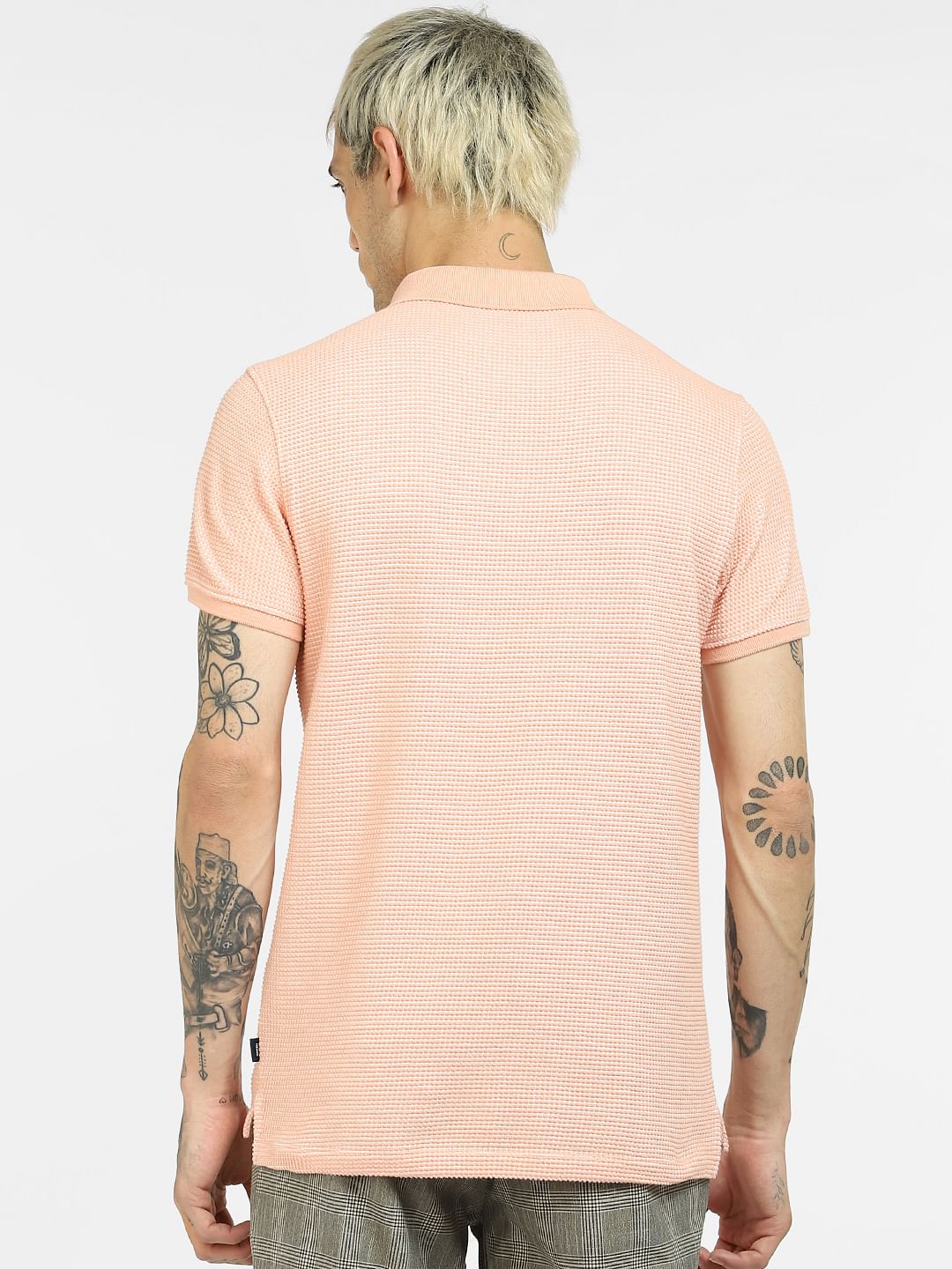 Peach Textured Knit Polo Neck T-shirt