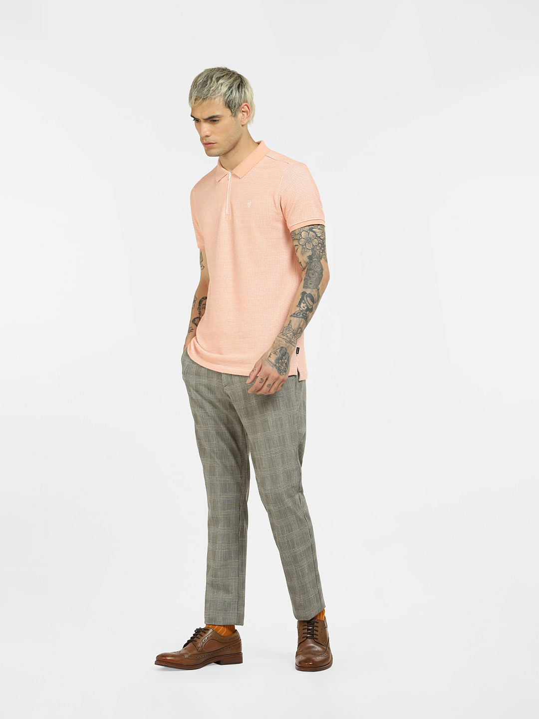 Peach Textured Knit Polo Neck T-shirt