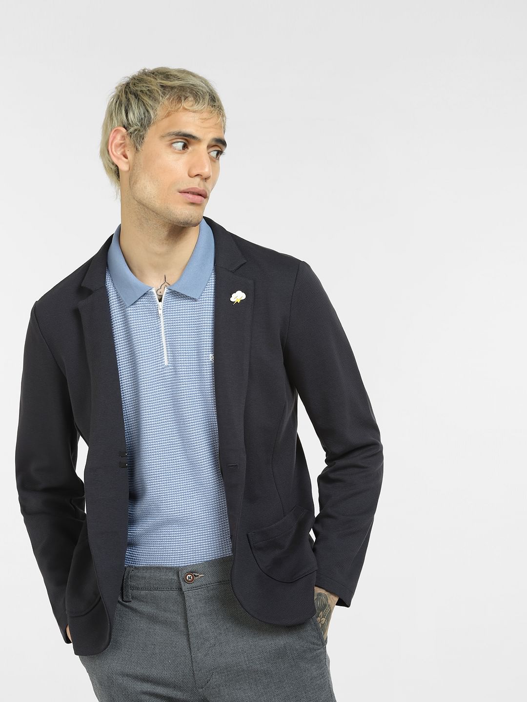 Blue Textured Knit Polo Neck T-shirt - S
