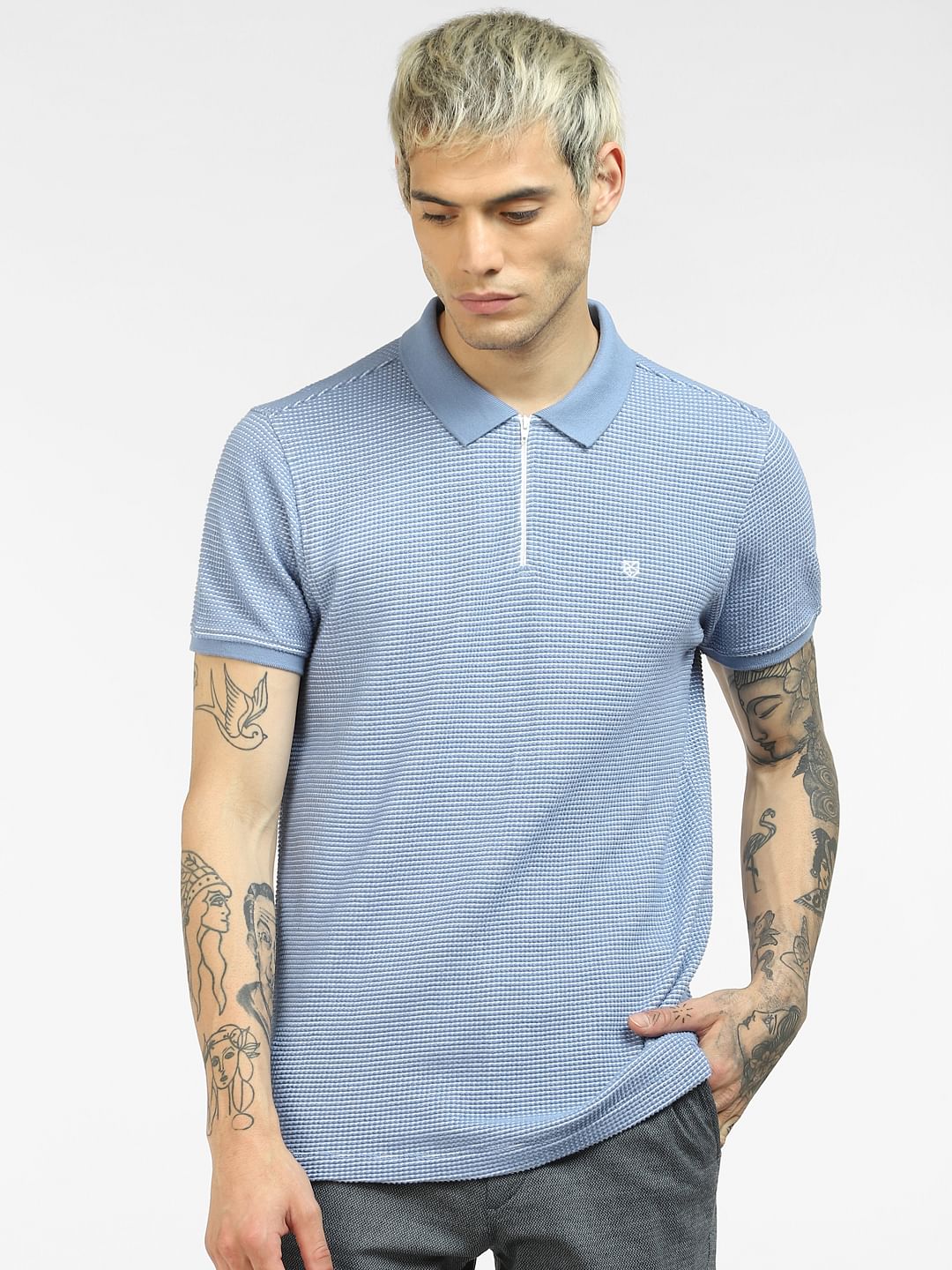 Blue Textured Knit Polo Neck T-shirt