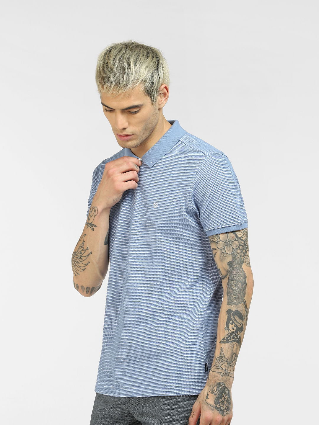 Blue Textured Knit Polo Neck T-shirt