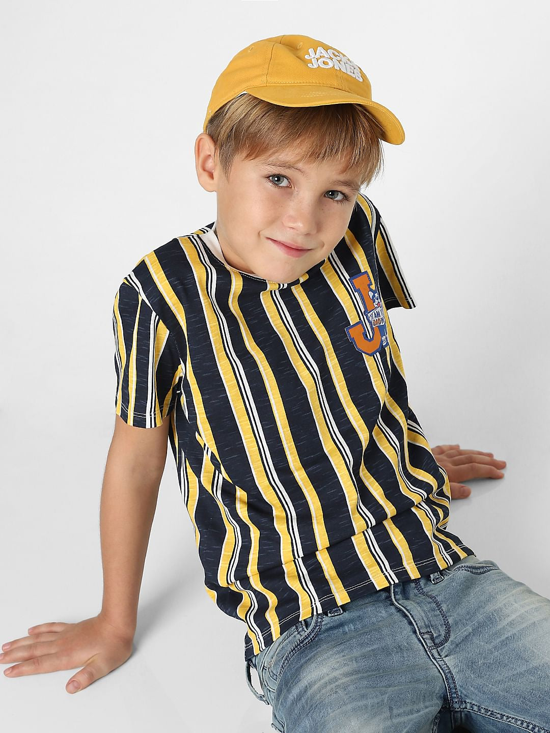 Boys Yellow Striped Crew Neck T-shirt