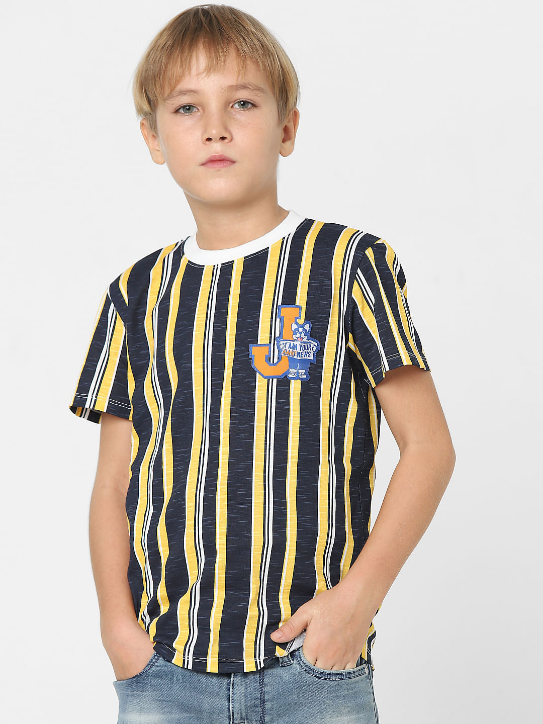 Boys Yellow Striped Crew Neck T-shirt