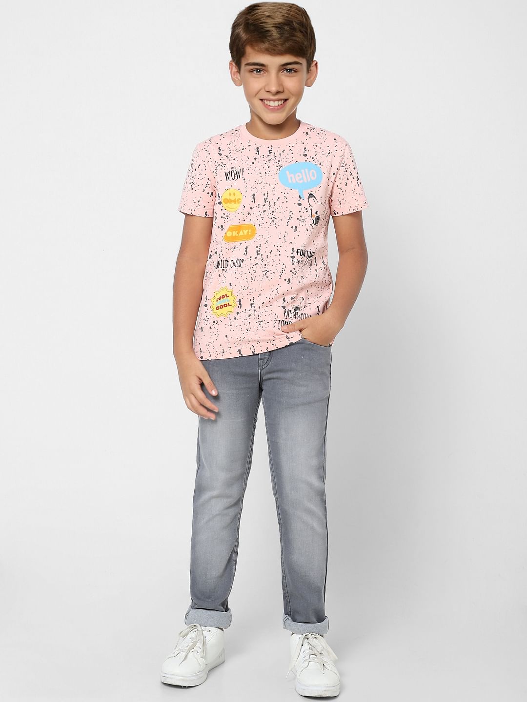 Boys Peach Printed Crew Neck T-shirt - 4/5Y