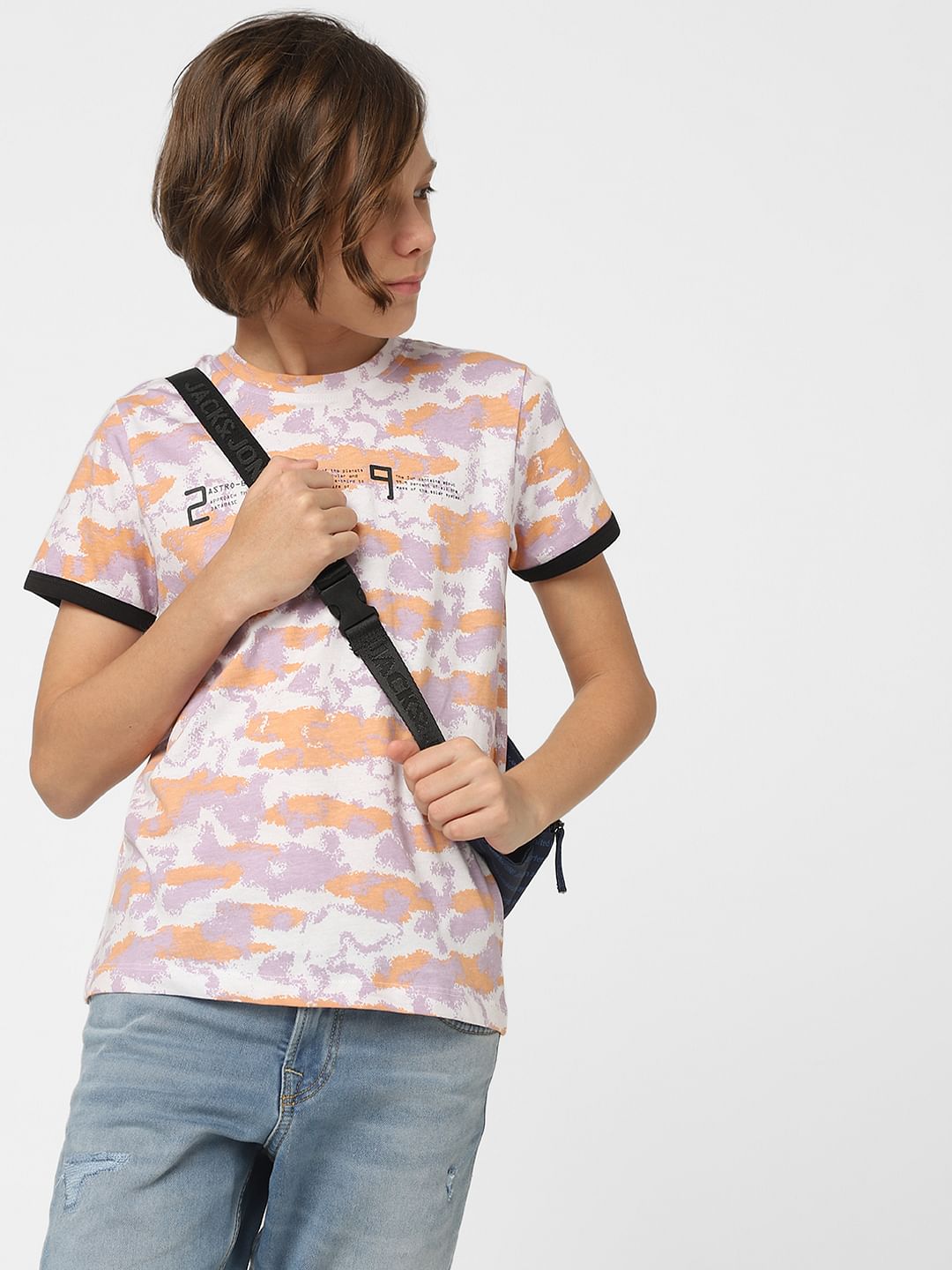 Boys Peach Printed Crew Neck T-shirt - 4/5Y