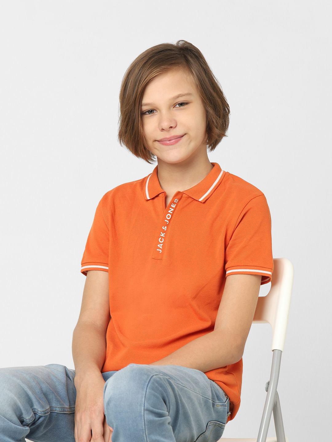 Boys Orange Logo Print Polo Neck T-shirt - 4/5Y