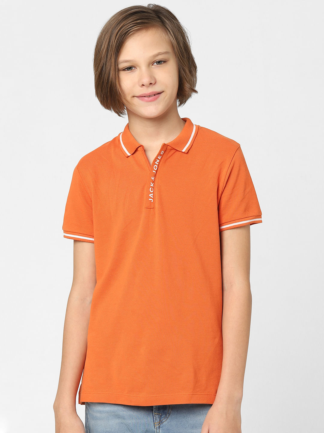 Boys Orange Logo Print Polo Neck T-shirt