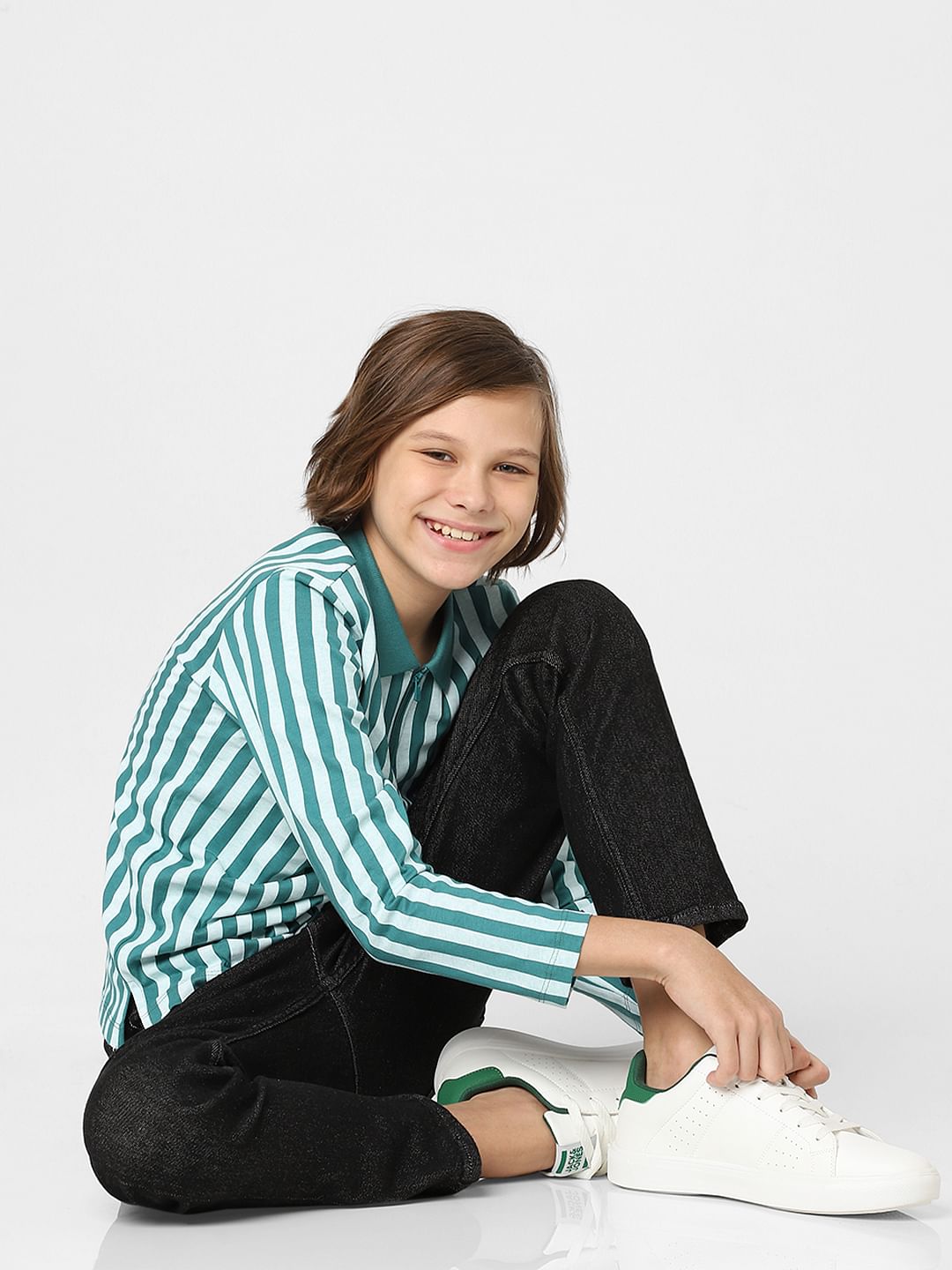 Boys Teal Striped Polo Neck T-shirt - 4/5Y