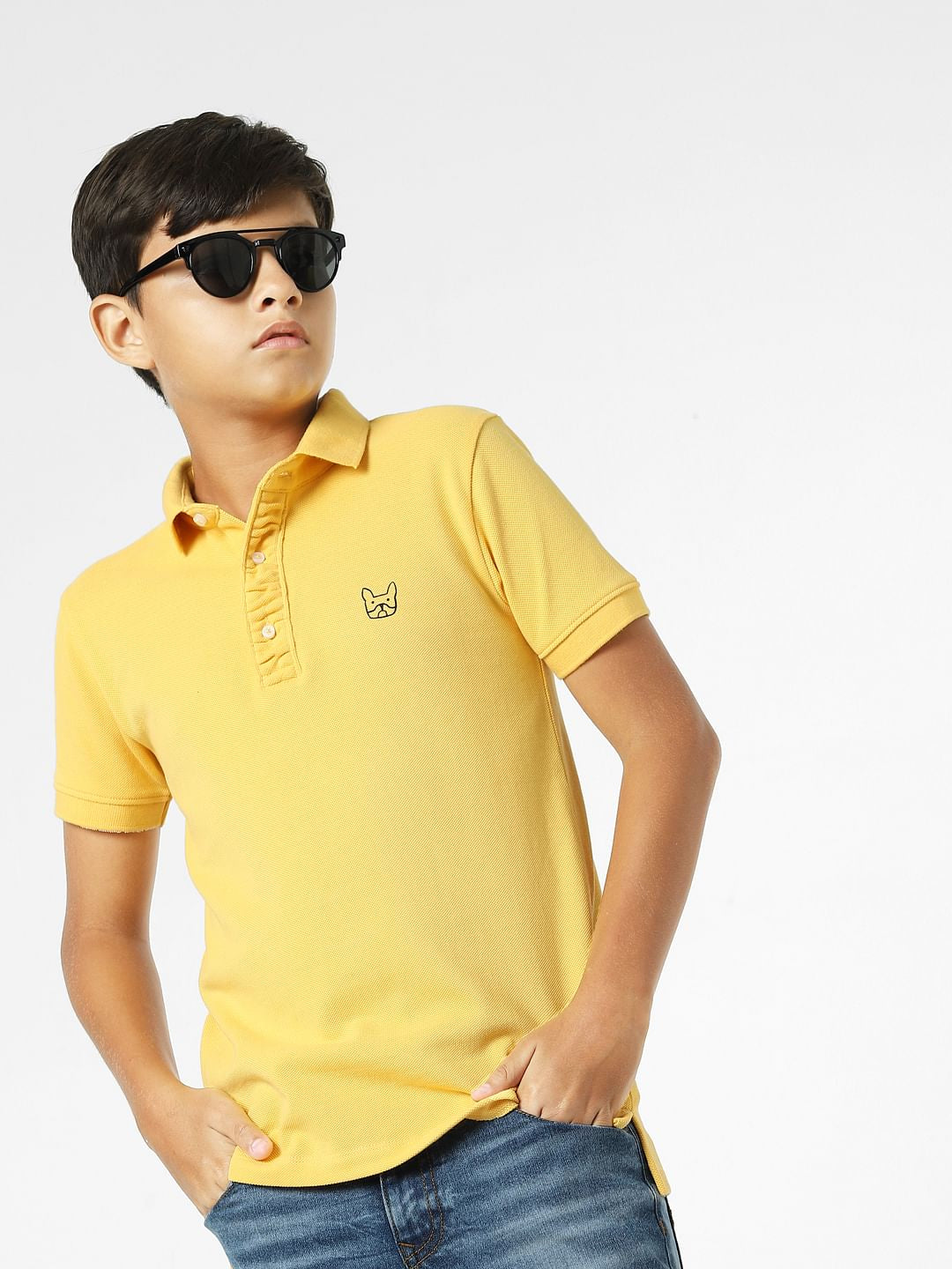 Yellow Logo Print Polo Neck T-shirt