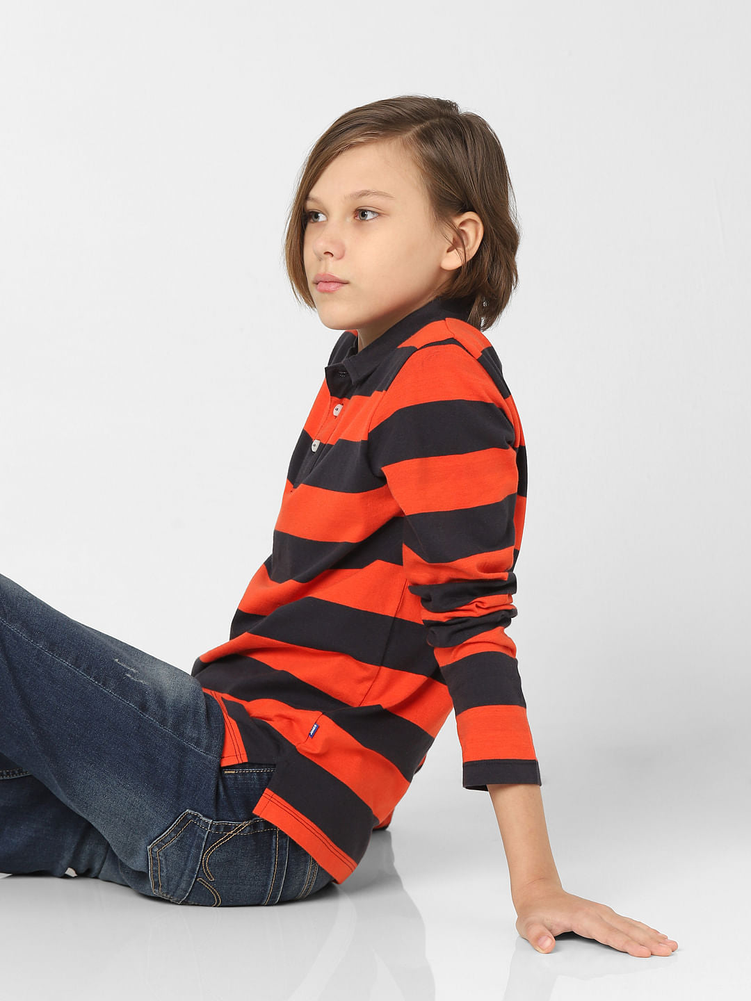 Boys Red Striped Polo Neck T-shirt