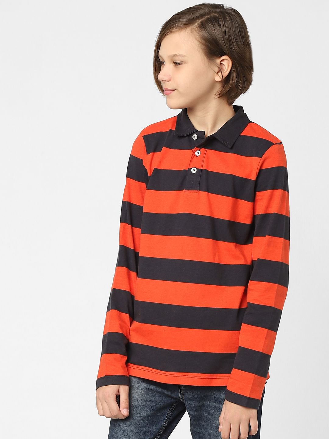 Boys Red Striped Polo Neck T-shirt