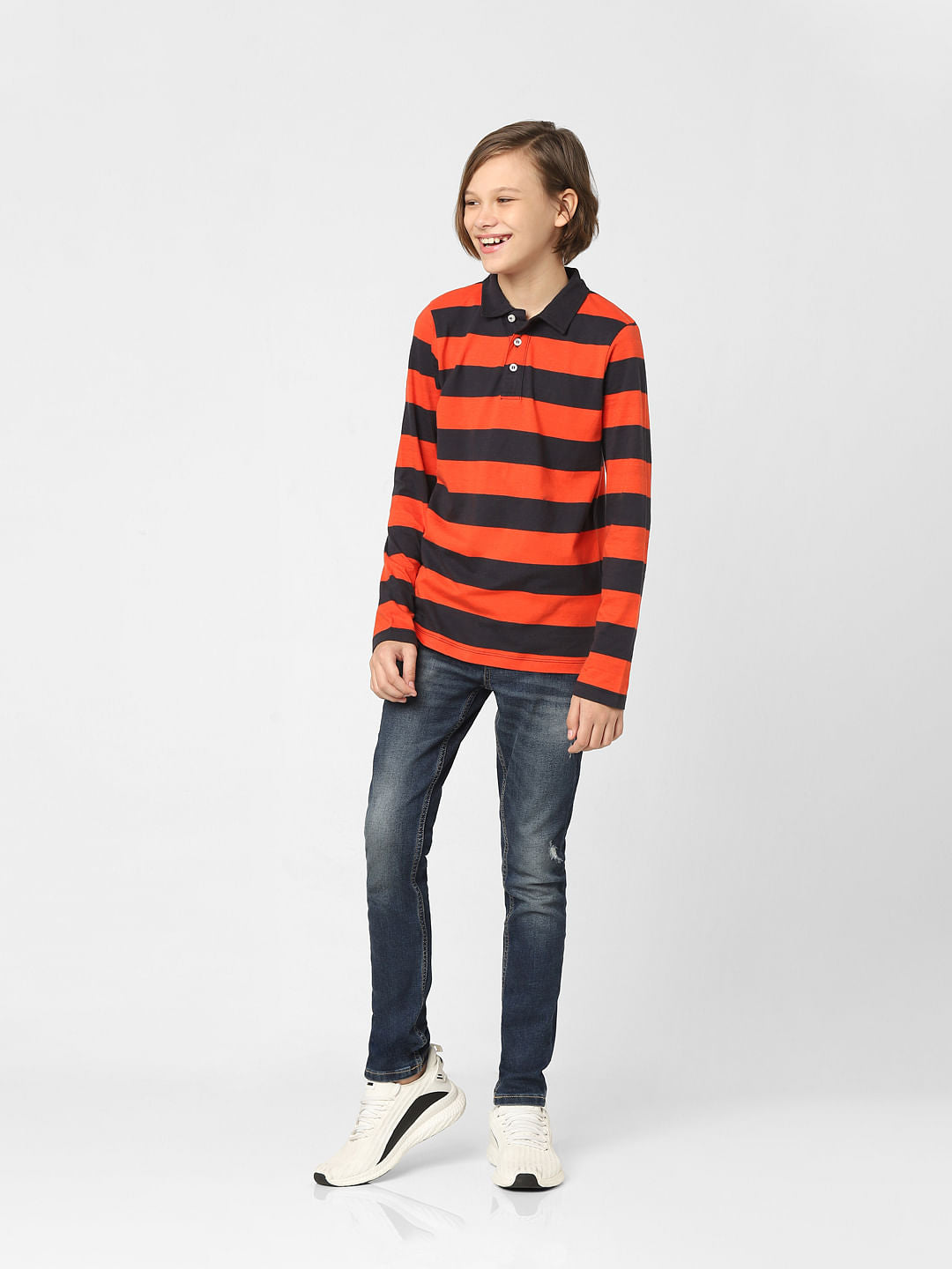 Boys Red Striped Polo Neck T-shirt