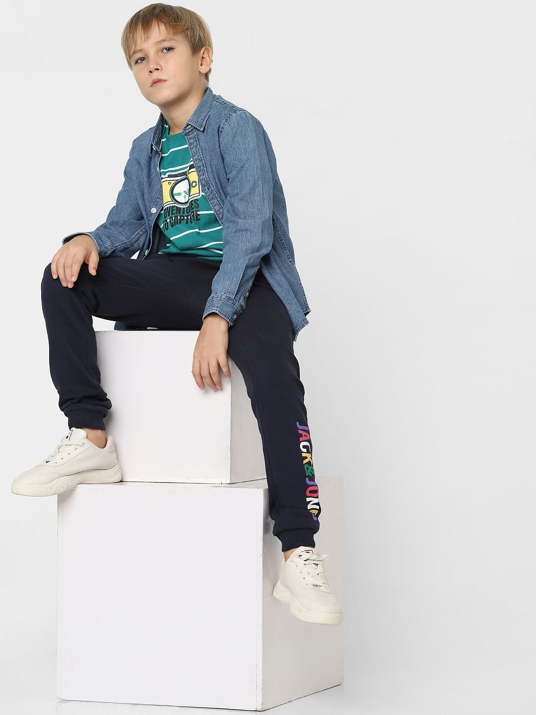 Boys Green Striped Crew Neck T-shirt