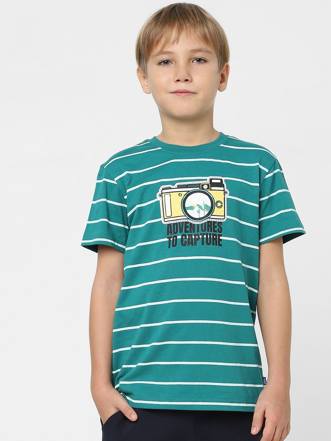 Boys Green Striped Crew Neck T-shirt