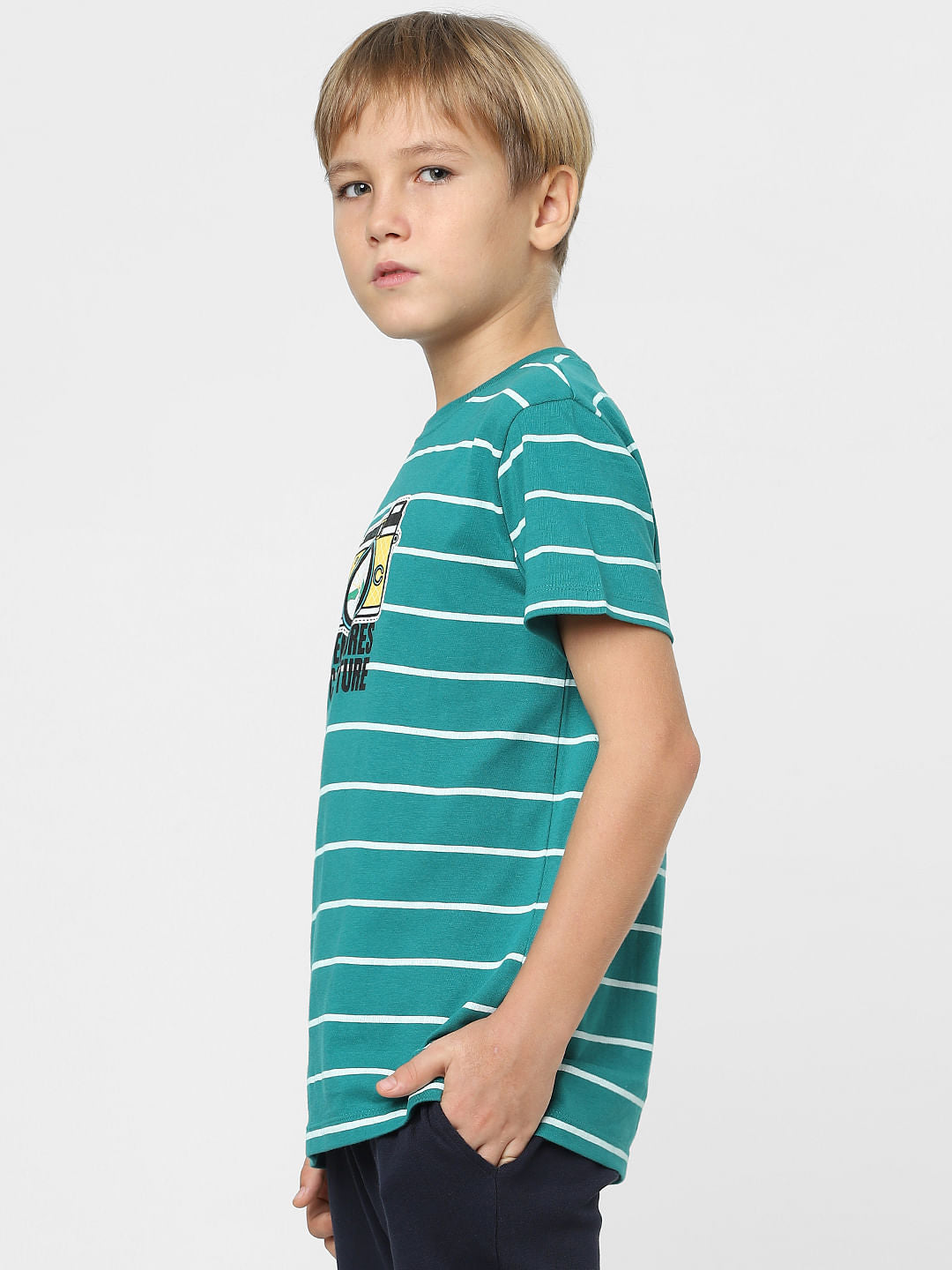 Boys Green Striped Crew Neck T-shirt