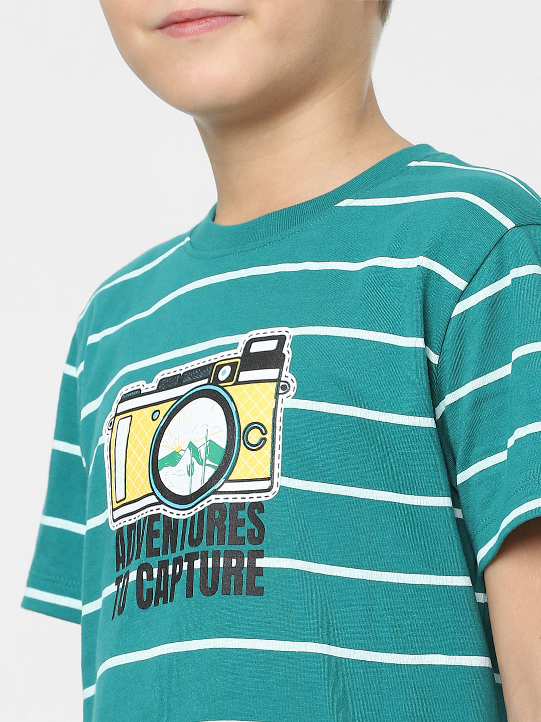 Boys Green Striped Crew Neck T-shirt
