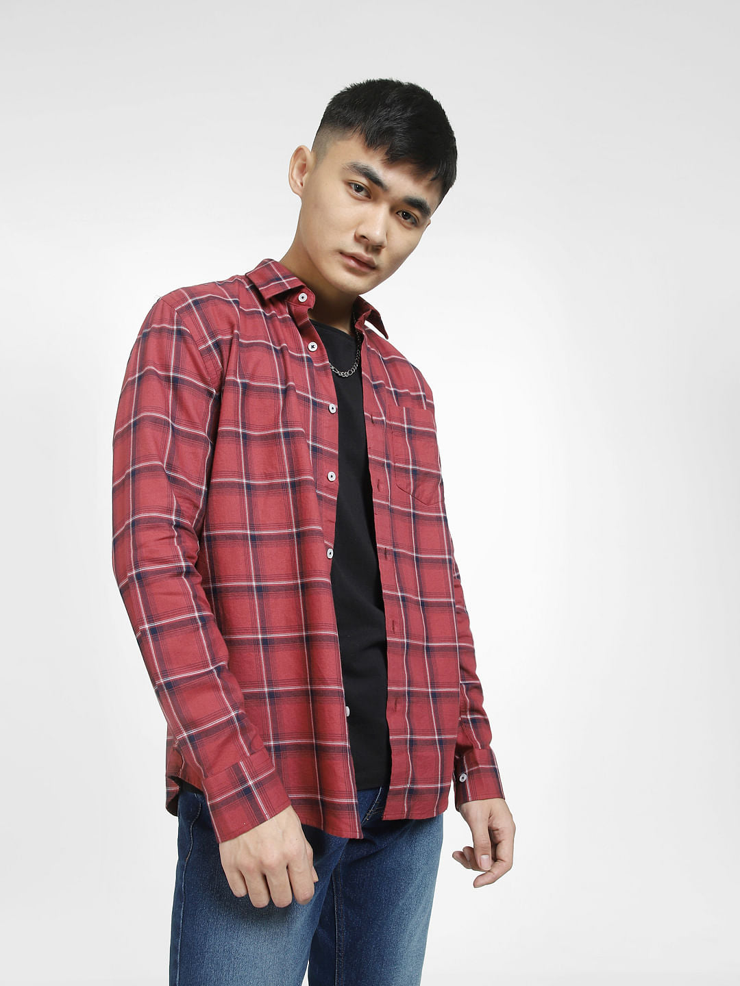 Red Check Print Full Sleeves Shirt - S