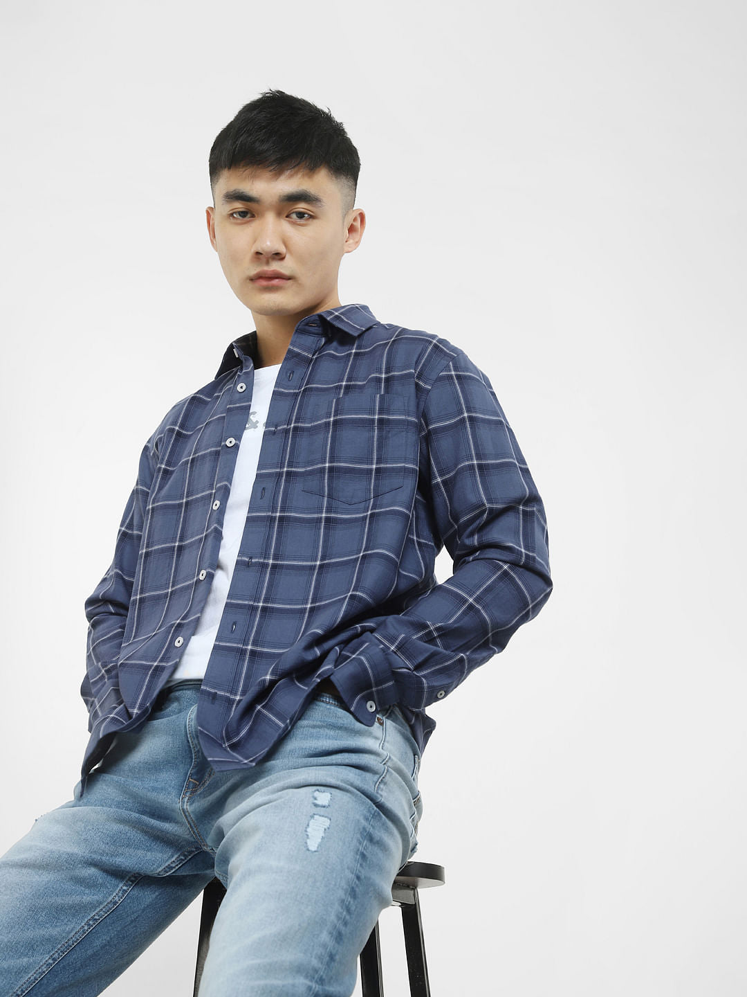 Blue Check Print Full Sleeves Shirt - S