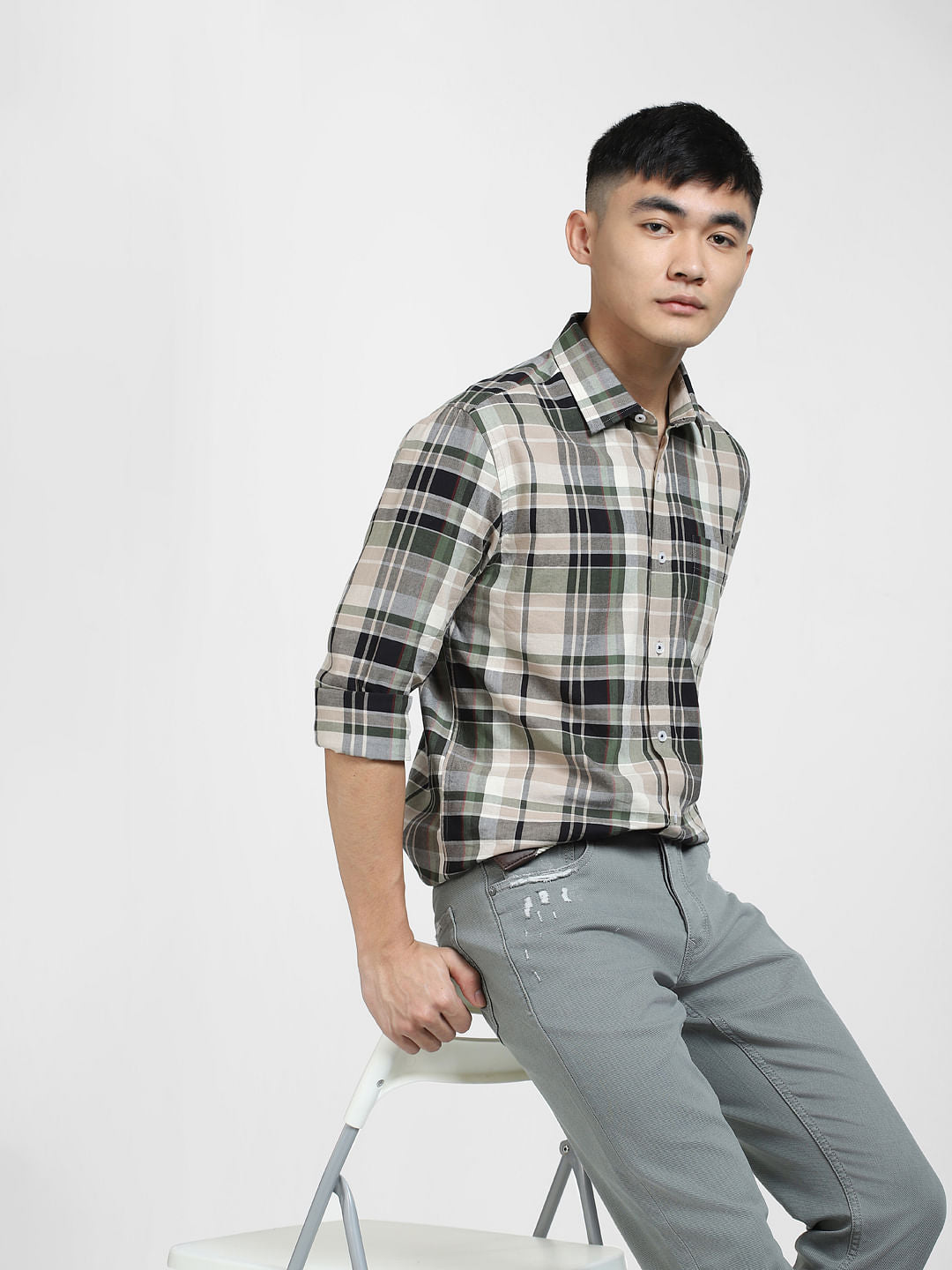 Brown Check Print Full Sleeves Shirt - S