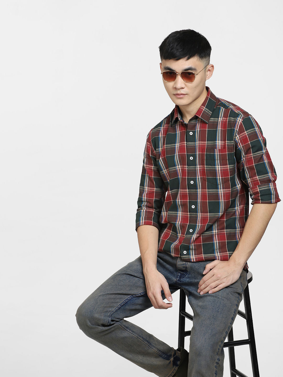 Dark Red Check Print Full Sleeves Shirt - S