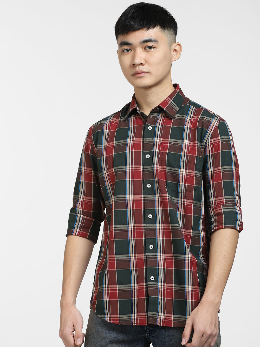 Dark Red Check Print Full Sleeves Shirt