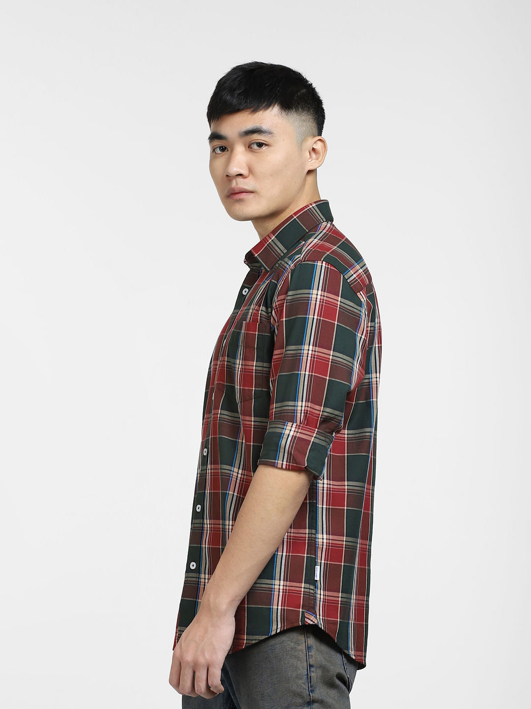 Dark Red Check Print Full Sleeves Shirt