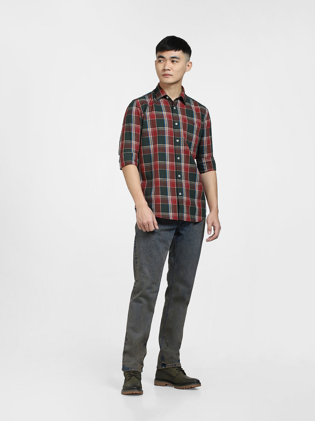 Dark Red Check Print Full Sleeves Shirt
