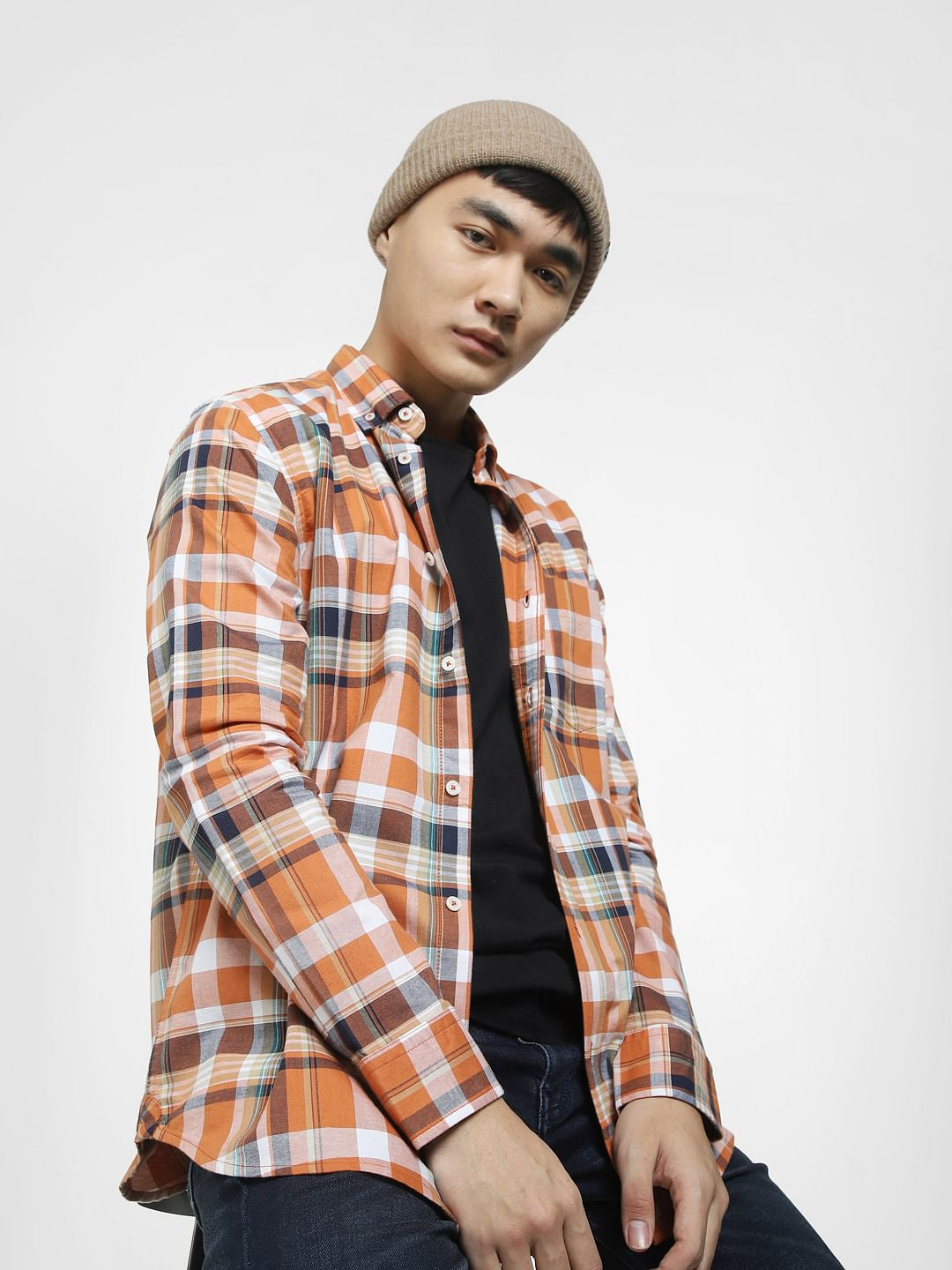 Orange Check Full Sleeves Shirt - S