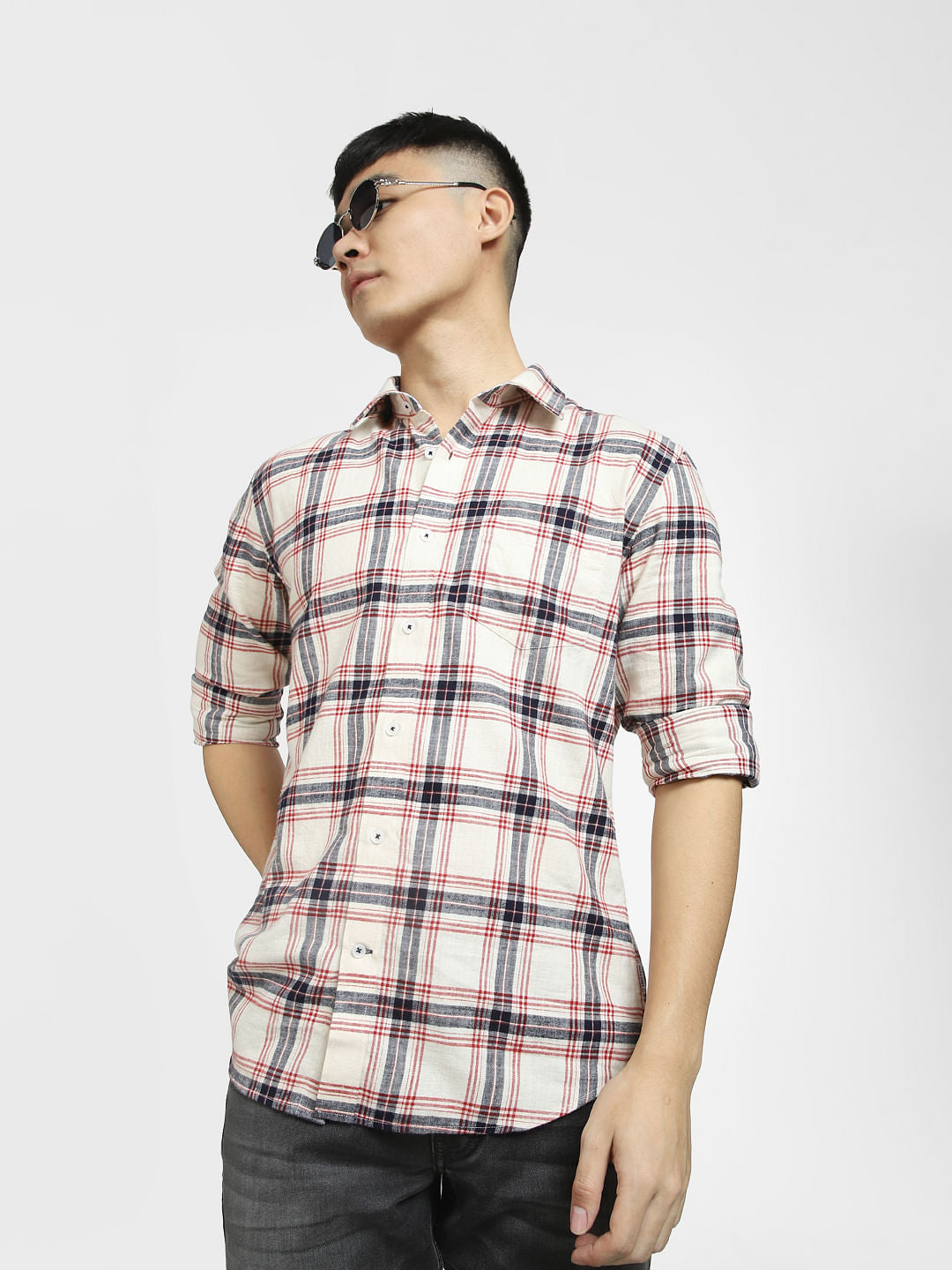 Beige Check Print Full Sleeves Shirt - S