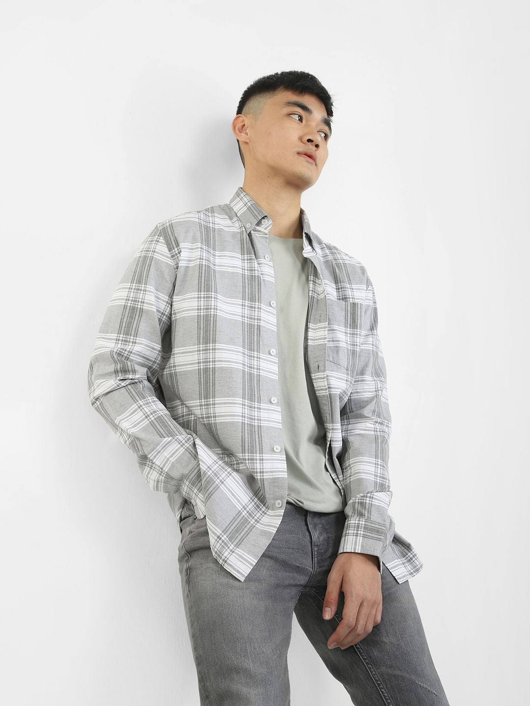 Grey Check Print Full Sleeves Shirt - S