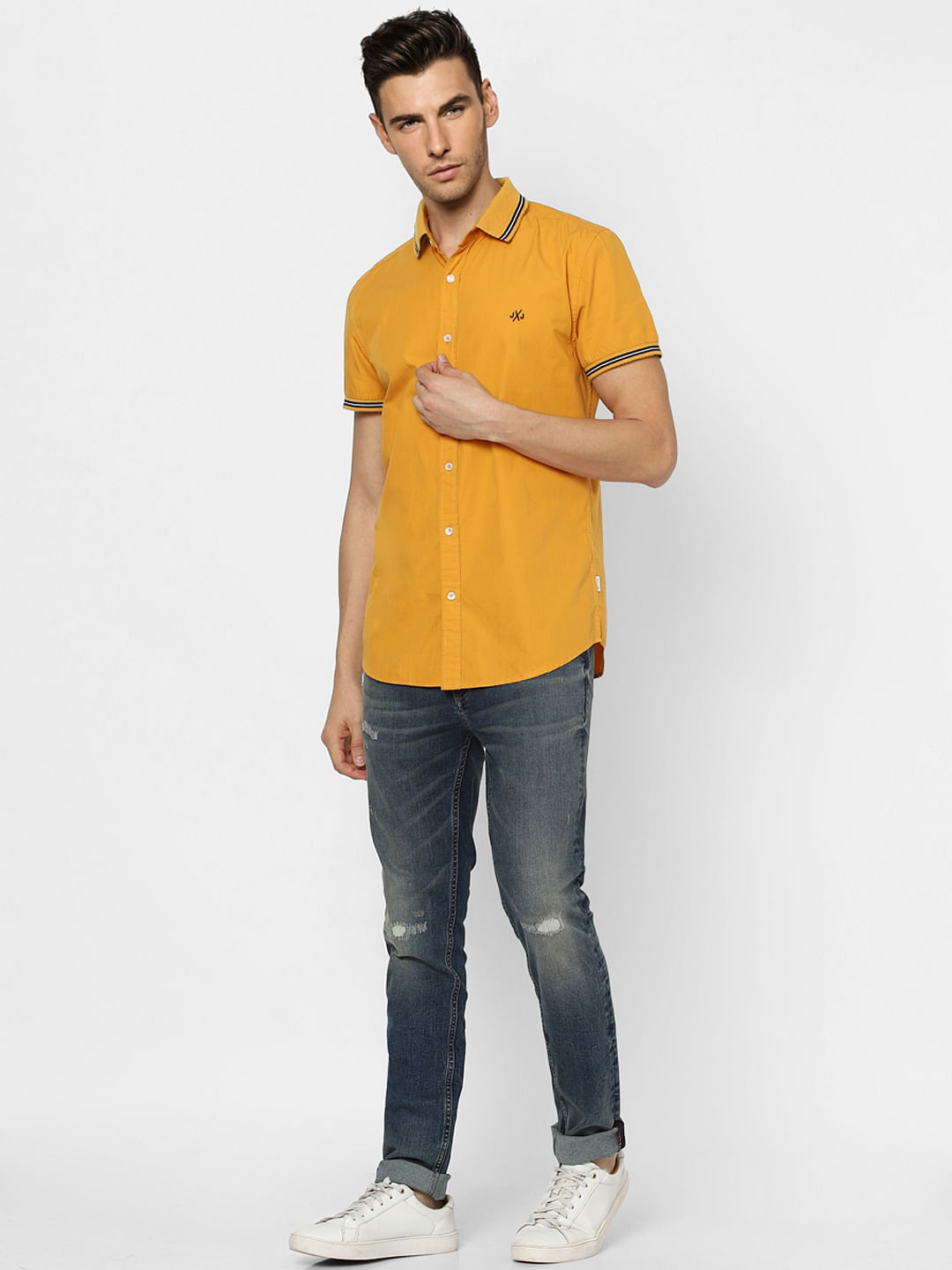 Orange Contrast Tipping Half Sleeves Shirt - S