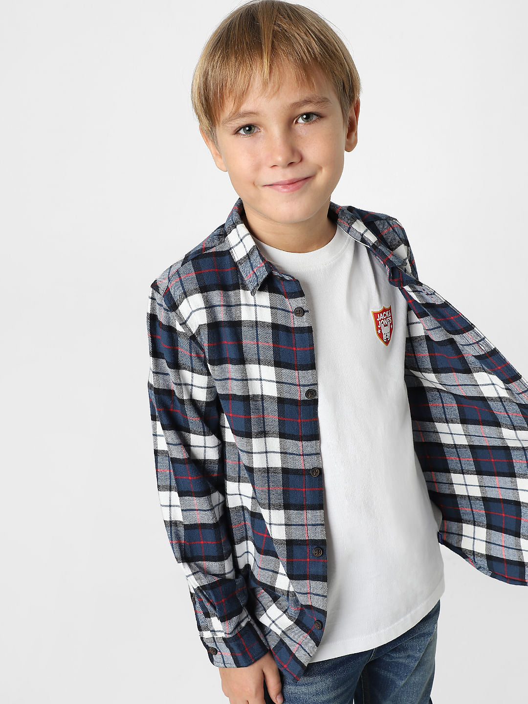 Boys White Check Full Sleeves Shirt - 4/5Y