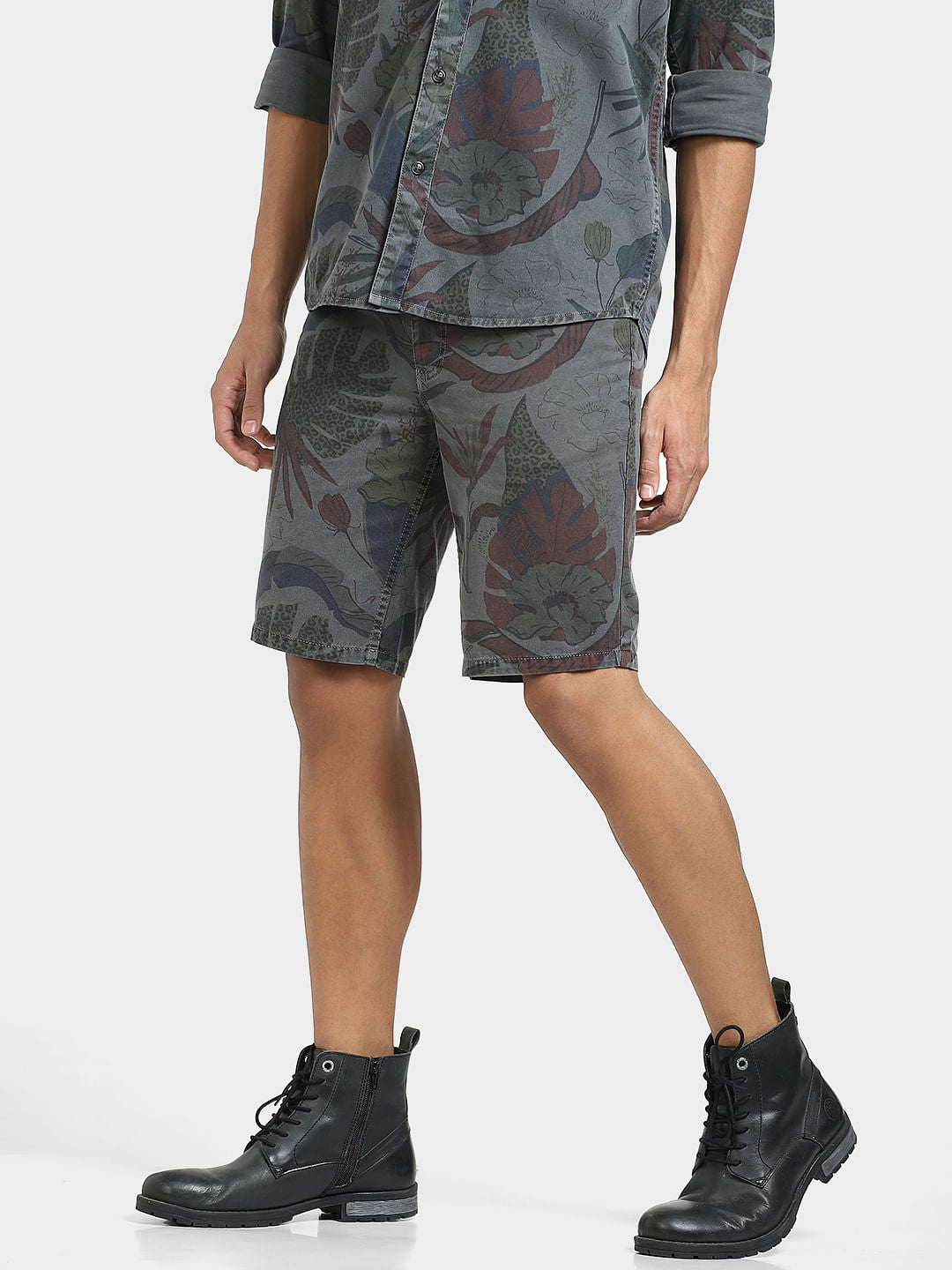 Grey Low Rise Floral Co-ord Set Shorts