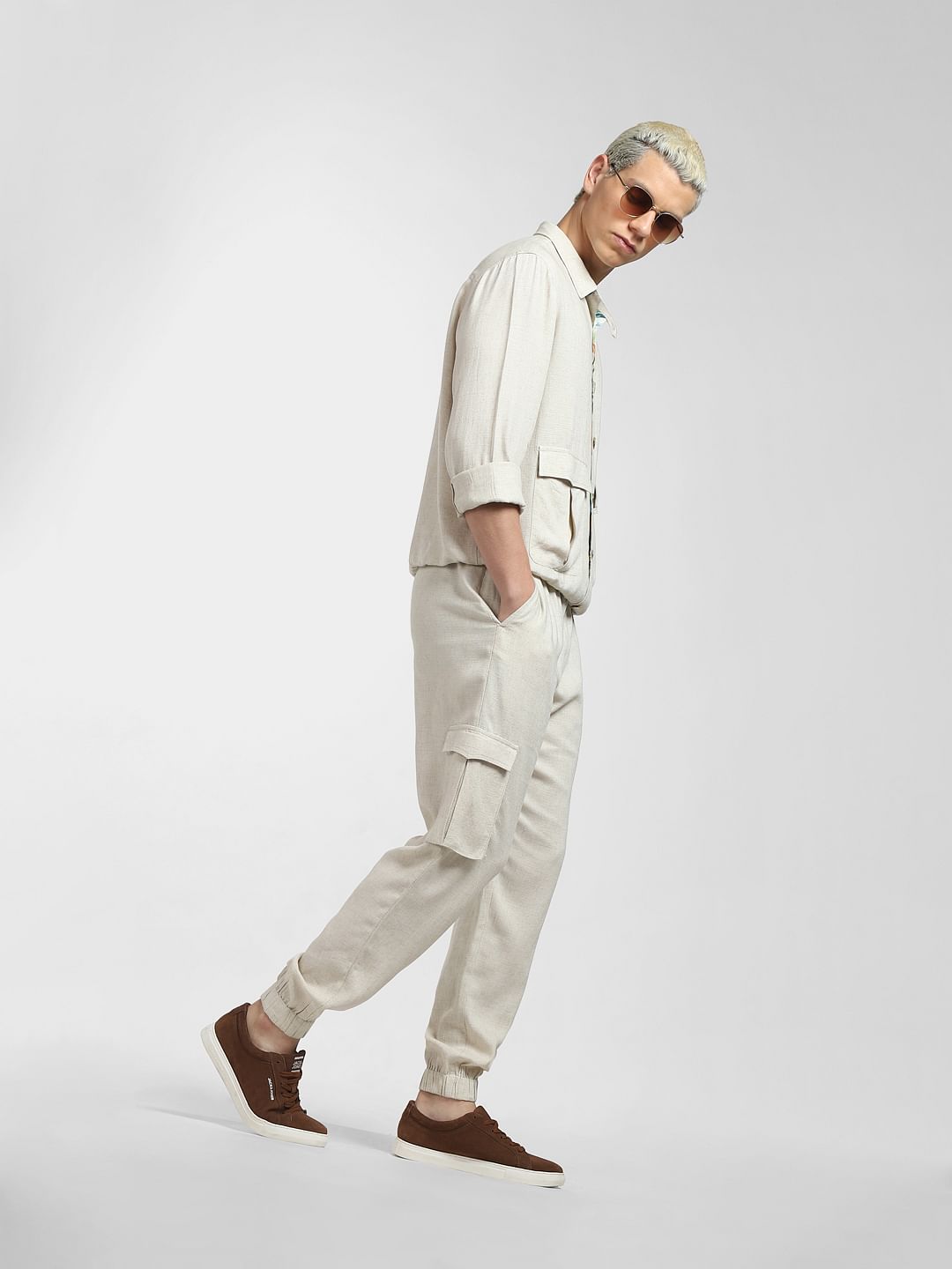 Beige Mid Rise Linen Co-ord Pants - S