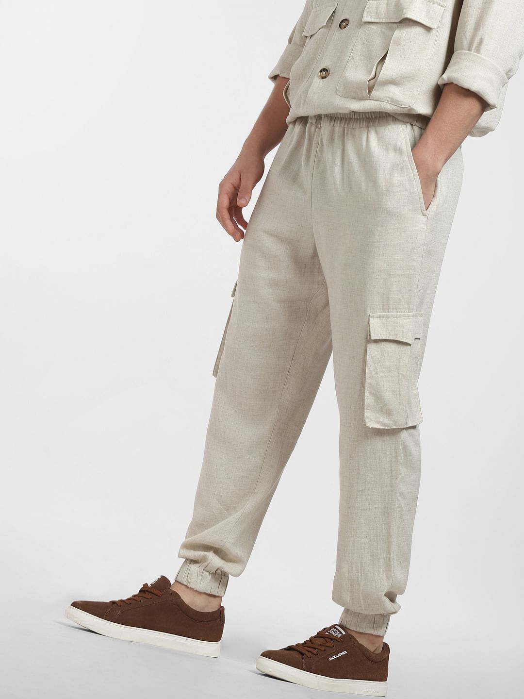 Beige Mid Rise Linen Co-ord Pants
