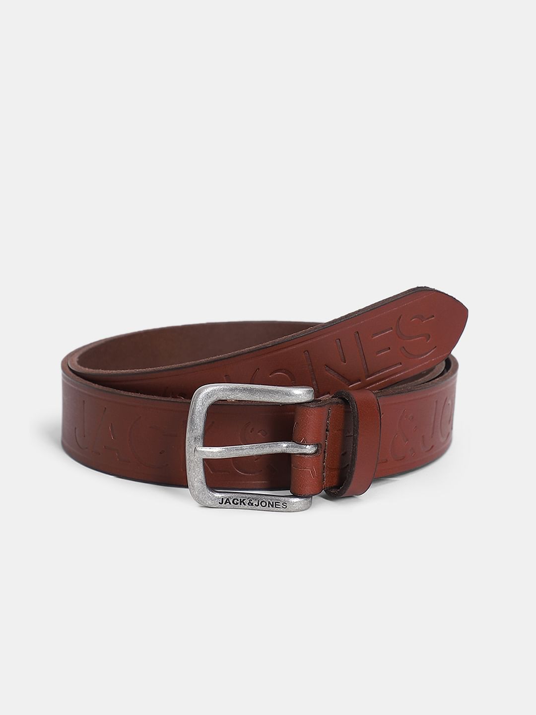Brown Embossed Logo Leather Belt - 32
