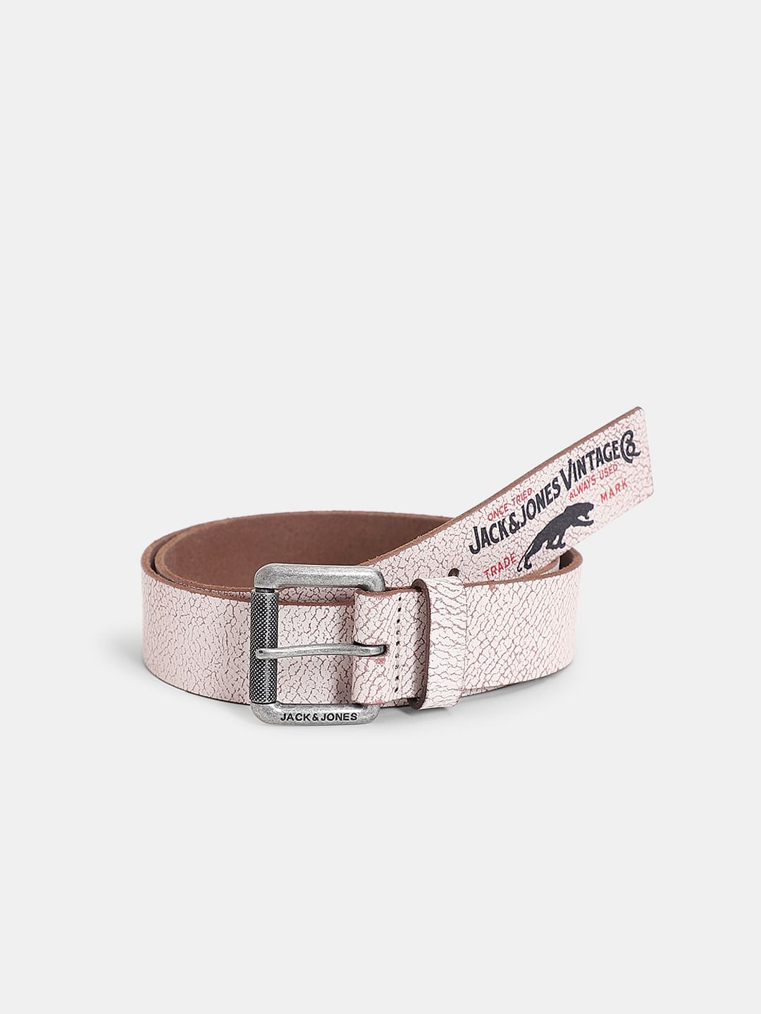 White Abstract Print Leather Belt