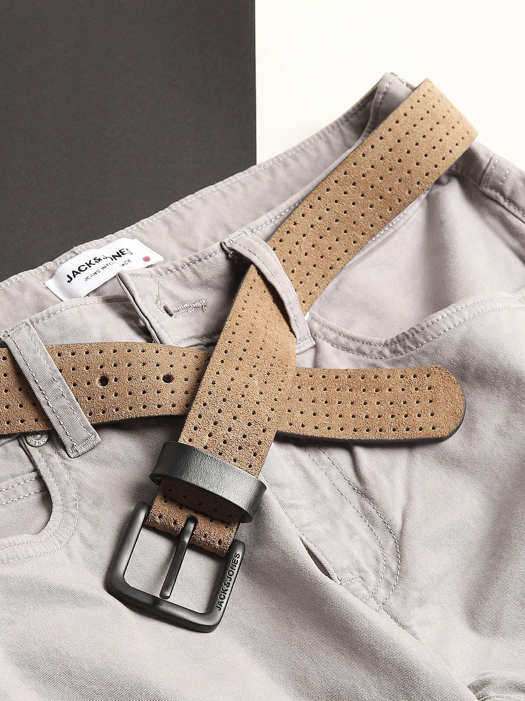 Beige Perforated Detail Leather Belt - 32